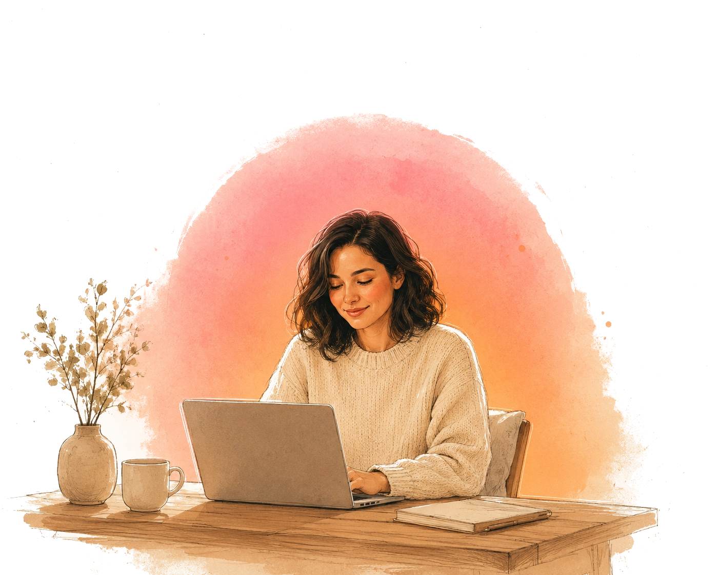 Maya, calm and heads-down at her laptop, a warm glow around her