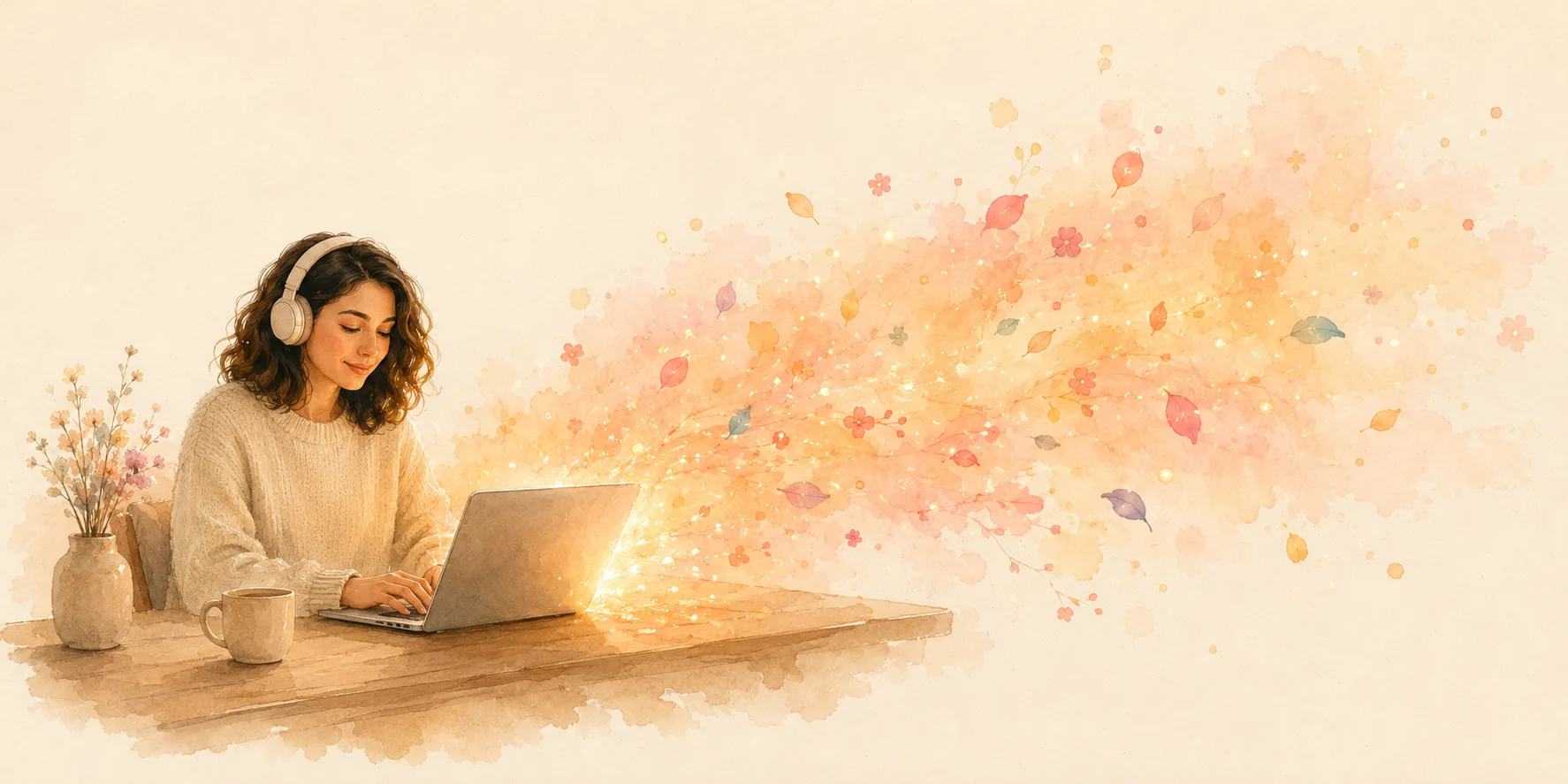 Maya with headphones on, working at her laptop as a warm stream of leaves and petals flows out across the page
