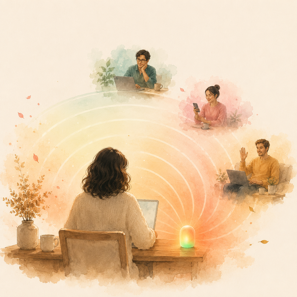 One person heads-down while soft signal rings reach three waiting teammates