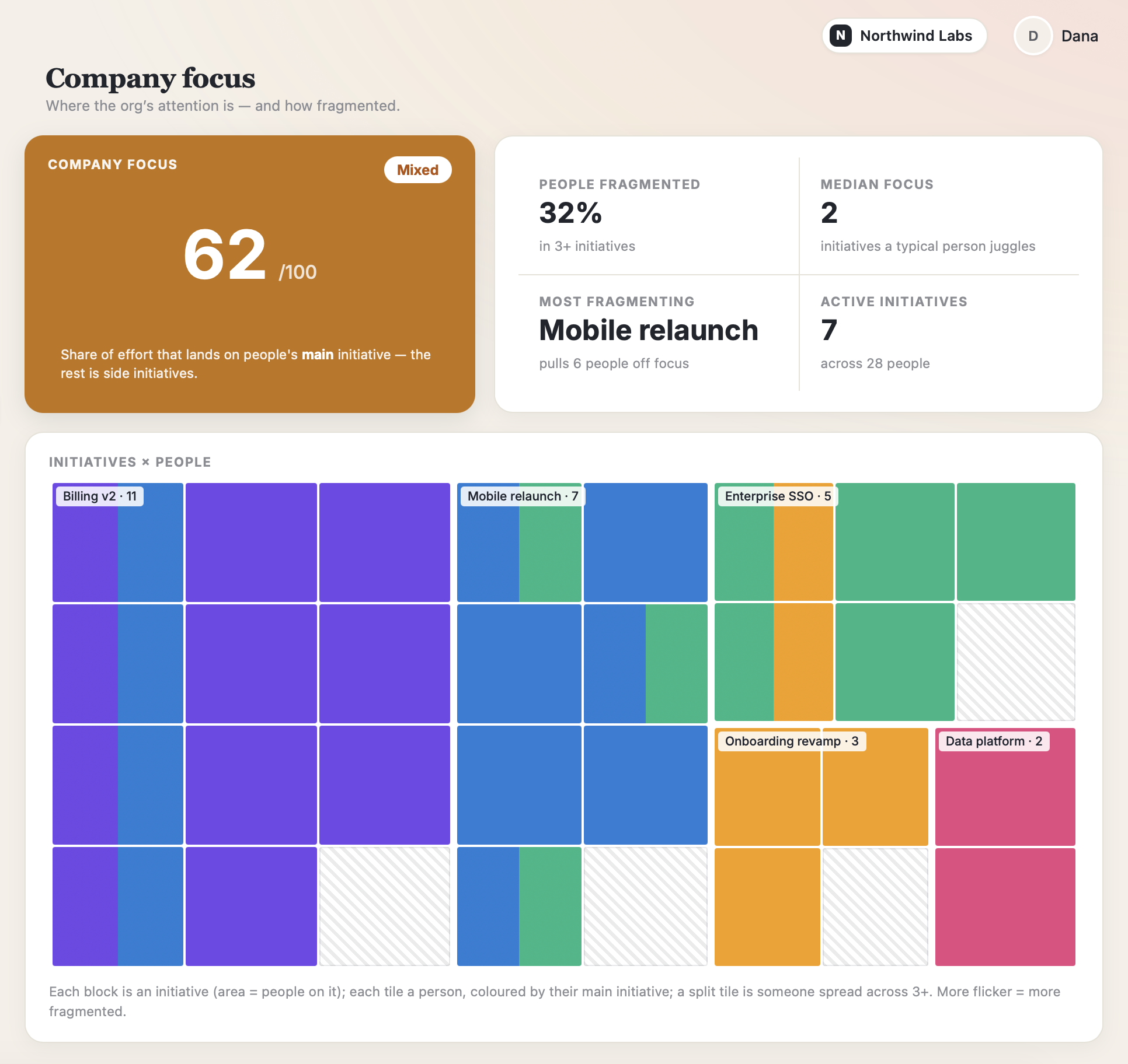 Company focus: a focus score out of 100, people-fragmented and median-focus metrics, and a treemap of every initiative sized by headcount