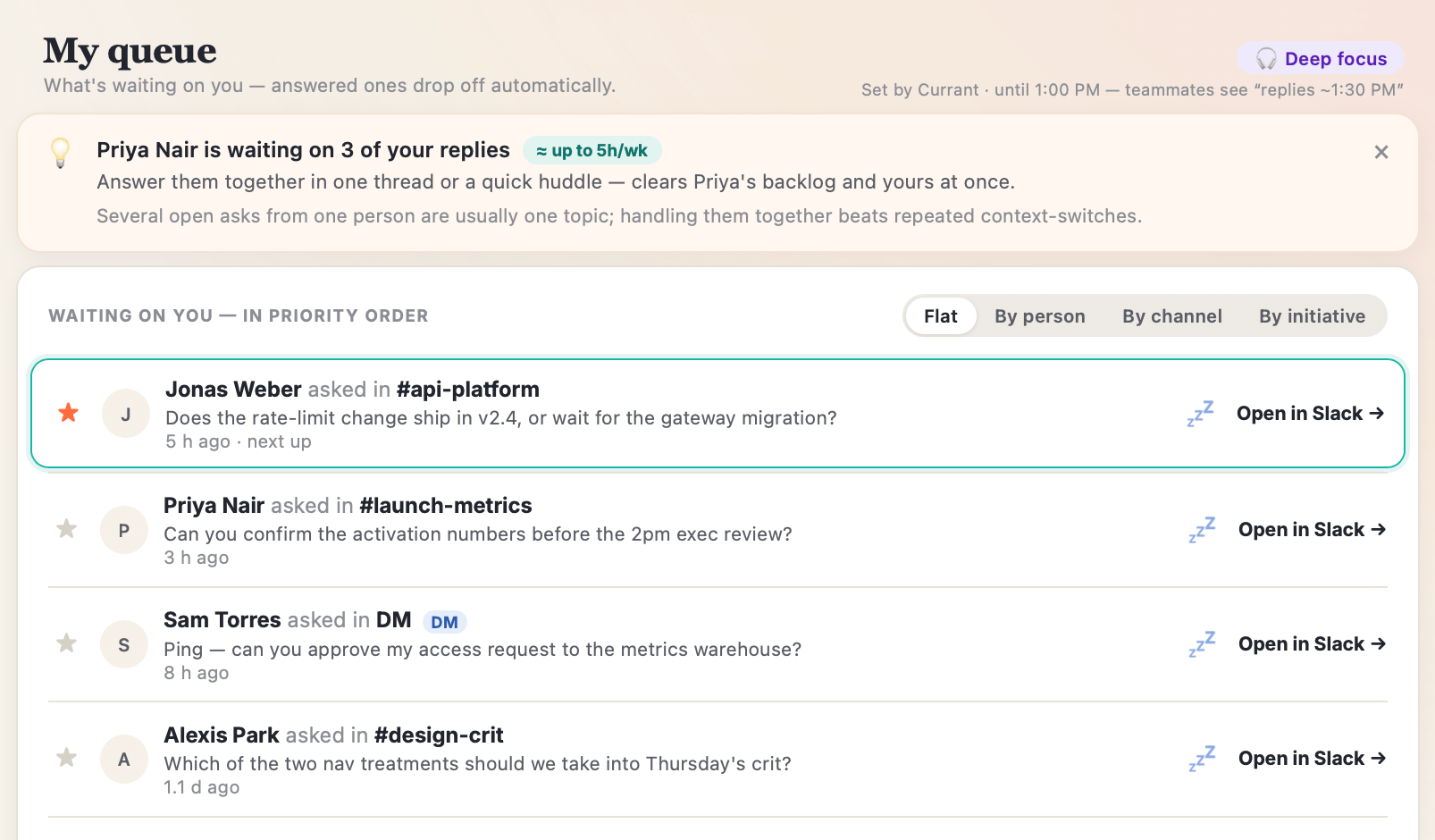 My queue: nine asks in priority order, one-line summaries, snooze and pin, where-it-came-from chips, and a week-focus view